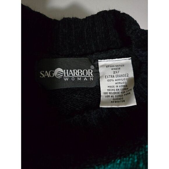 Color Block Sweater By Sag Harbor Woman 2X Black/Teal/Blue Patchwork Long Sleeve - Picture 6 of 6